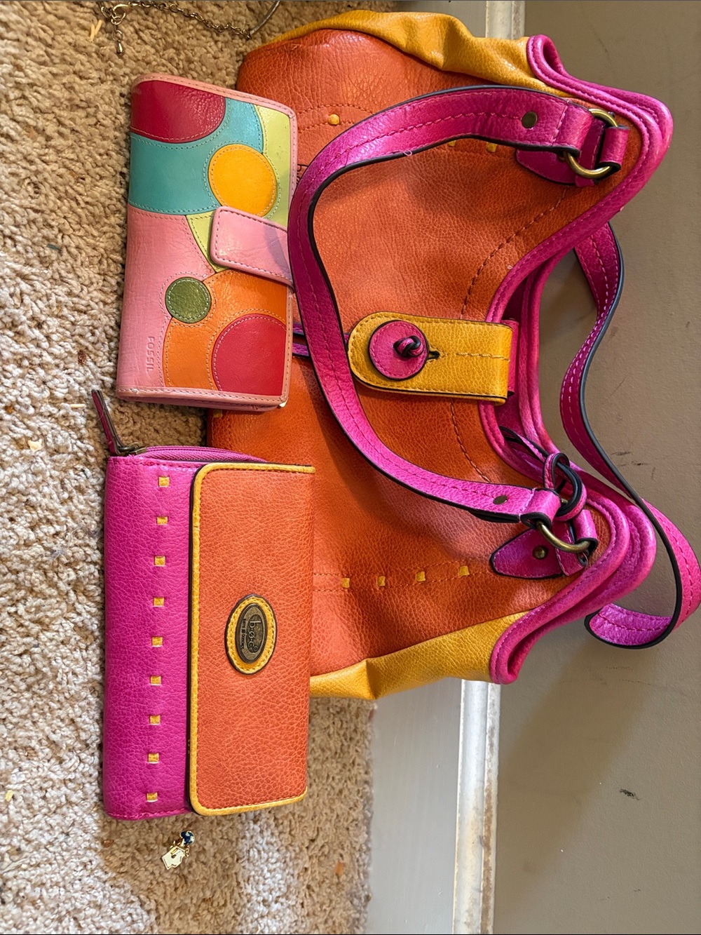 Fossil Colorblock Leather Tote in Orange, Pink & Yellow